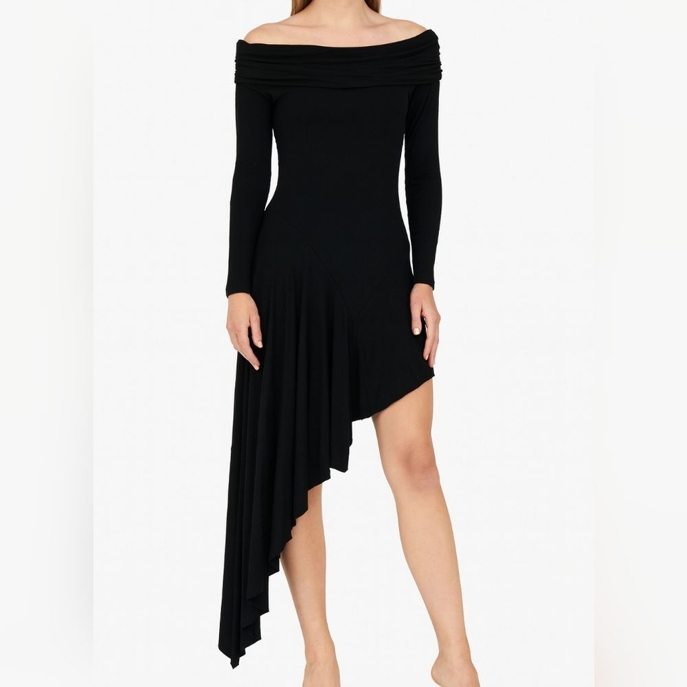 Lulus Womens Black Asymmetrical Long Sleeve Ofd Shoulder Dress Size M Cocktail